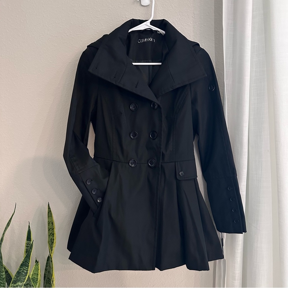Calvin Klein Petite trench coat hooded double breasted skirted raincoat
